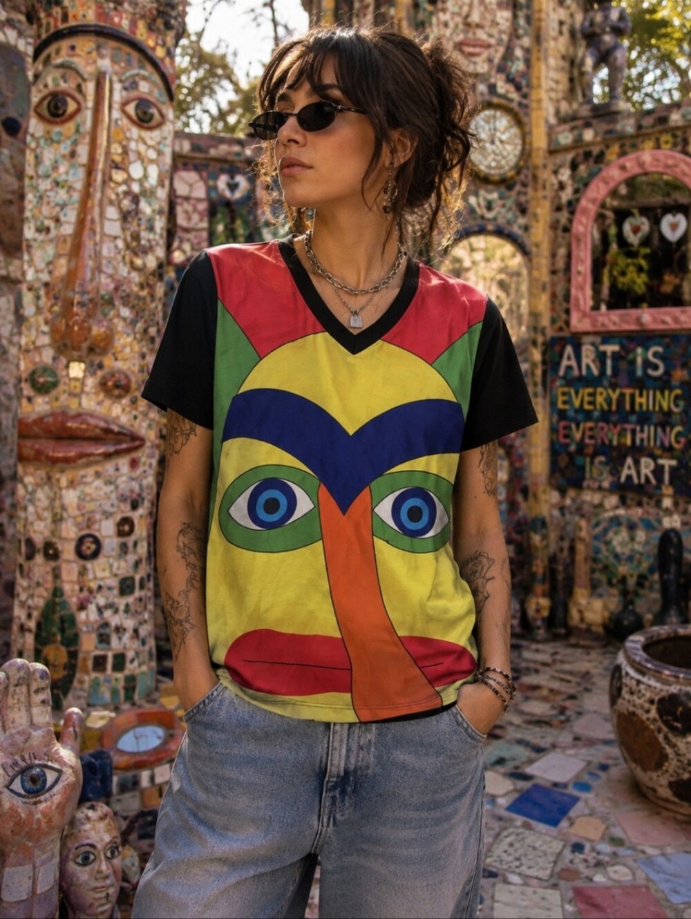 Fulgor Shaddai Abstract Face Print T-Shirt Medium Cotton Blend Multicolor